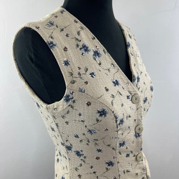 KAZAK Beige Linen Cottage Core Floral Print Button Up Vest Pocket Top 8 RARE - Picture 7 of 10